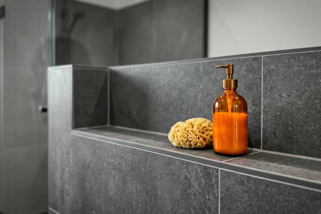 Ein Innenarchitekt rät: „Wenn du eine halbhohe Wand einbaust und darunter eine Trennwand anbringst, werden beide Bereiche des Badezimmers voneinander abgegrenzt, und du kannst die Wand als Ablage für Seifen nutzen.“